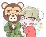  2021 animal_crossing anthro band-aid bandage beverage biped black_nose blush brown_body bubble_tea clothing duo eyewear glasses hi_res human ike_(animal_crossing) mammal nintendo onakasuita_0o0 shirt topwear ursid video_games 