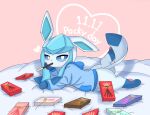  &lt;3 ambiguous_gender bed bottomless clothed clothing eeveelution feral food furniture glaceon hanabi162271945 hi_res hood hoodie lying nintendo on_bed on_front pocky pocky_in_mouth pok&eacute;mon pok&eacute;mon_(species) semi-anthro simple_background solo sploot topwear video_games 