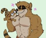  2021 anthro black_nose brown_body brown_fur carrying cartoon_network don_(regular_show) duo eyes_closed fur humanoid_hands lewdookami male mammal muscular muscular_male procyonid raccoon regular_show rigby_(regular_show) simple_background size_difference 