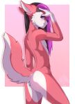  anthro black_hair black_nose blue_eyes butt canid canine canis domestic_dog drredhusky83 facial_hair fur girly goatee hair hi_res husky jay_(drredhusky83) long_hair long_tail makeup male mammal multicolored_body multicolored_fur multicolored_hair nordic_sled_dog pink_hair sayumi smile solo spitz two_tone_body two_tone_fur two_tone_hair 