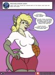  anthro ball basketball_(ball) blonde_hair clothed clothing domestic_cat english_text felid feline felis female hair janet_lawrence_(sketchybug) looking_at_viewer mammal sketchybug solo text 