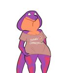  2020 anthro clothing cobra female hi_res keeshee ncs purple_body reptile scalie shirt simple_background snake snake_hood solo spots text text_on_clothing text_on_shirt text_on_topwear topwear white_background 