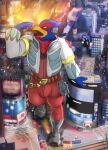  2021 absurd_res anthro avian bird blue_body blue_feathers bottomwear building bulge city clothing destruction english_text falco_lombardi feathers fire hi_res high-angle_view imminent_vore kovaltiel macro male nintendo open_mouth pants plantigrade skyscraper solo star_fox stomping text video_games 