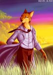  2020 angrycontra anthro belt biped bottomwear canid canine cheek_tuft clothed clothing cloud coat detailed_background digital_media_(artwork) digital_painting_(artwork) facial_tuft fingers fox fully_clothed fur grass hi_res inner_ear_fluff mammal necktie open_clothing open_coat open_topwear orange_body orange_fur outside pants plant portrait shirt signature sky solo three-quarter_portrait tibetan_sand_fox topwear tuft walking whiskers wind 
