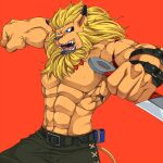  1:1 abs anthro bandai_namco blonde_hair digimon digimon_(species) felid hair knife leomon lion male mammal mane mane_hair muscular muscular_anthro muscular_male pantherine pecs serratus shirtless solo someguy944 weapon 