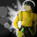  1:1 black_background black_hair black_undershirt blue_tongue clothing dio_brando fangs forked_tongue fur hair hand_on_hip hi_res jacket jojo&#039;s_bizarre_adventure kaito looking_at_viewer looking_back resachii simple_background solo sparkles tan_body tan_fur tongue tongue_out topwear yellow_clothing yellow_jacket_(clothing) yellow_topwear 