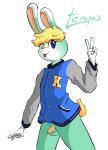  alpha_channel animal_crossing anthro balls blonde_hair blue_clothing blue_eyes blue_jacket blue_topwear bottomless clothed clothing foreskin fur genitals gesture green_body green_fur hair jacket lagomorph leporid male mammal nintendo one_eye_closed orange_inner_ear penis rabbit sasha_(animal_crossing) signature small_penis smile snake_metal_(artist) solo sparkling_eyes tongue tongue_out topwear v_sign video_games wink yellow_tail 
