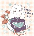  anthro asriel_dreemurr bovid caprine chara_(undertale) clothing dress english_text female floral_pattern flower fur goat group holidays horn human long_ears looking_at_viewer mammal mother&#039;s_day nam plant shirt smile text topwear toriel undertale undertale_(series) video_games white_body white_fur 