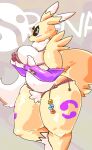  anthro bandai_namco big_breasts blush breasts digimon digimon_(species) female fur hi_res holding_breast kiseff nipples pubes renamon solo thick_thighs yellow_body yellow_fur 