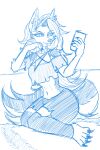  2:3 anthro blue_and_white bottomwear canid canid_demon clothing collar demon ear_piercing ear_ring female fur hair hellhound helluva_boss hi_res long_hair loona_(helluva_boss) mammal monochrome piercing shorts sketch solo spiked_collar spikes topwear zachc 