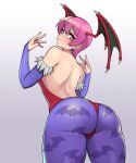  5:6 big_butt butt butt_focus capcom clothing colored_nails darkstalkers donburikazoku female hair head_wings hi_res humanoid legwear lilith_aensland looking_at_viewer looking_back mammal nails pink_eyes pink_hair pink_nails short_hair simple_background solo standing thick_thighs tights vampire video_games wings 