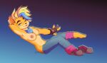  2020 absurd_res activision anthro apinkgrape bandicoot bare_breasts breasts clothed clothing crash_bandicoot_(series) female fur gradient_background hair hi_res mammal marsupial multicolored_hair nipples one_shoe_on orange_body orange_fur pirate_tawna simple_background solo topless video_games 