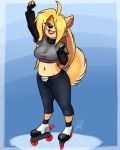  2021 4:5 abstract_background anthro blonde_hair canid canine canis clothed clothing domestic_dog female fingerless_gloves furball_(artist) gloves hair handwear hi_res inline_skates mammal midriff navel rollerskates shiba_inu solo spitz standing two_wheel_inline_skates 