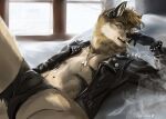  anthro bed bedroom_eyes bulge canid canine canis cigarette clothing eleacat furniture jacket jewelry leather leather_clothing leather_jacket leather_topwear male mammal narrowed_eyes reclining rithan seductive solo topwear wolf 