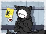  &lt;3 4:3 4_fingers ambiguous_gender anthro black_body black_fur blush canid canine canis changed_(video_game) daww drawing dripping eyes_closed fe_fenergy fingers fur goo_creature hands_together hi_res mammal mask open_mouth paper puro_(changed) solo speech_bubble wallpaper wet wolf 