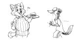  2021 4pcsset anthro biped canid canine clothed clothing disney duke_weaselton duo food fox gideon_grey holding_object least_weasel looking_at_another male male/male mammal monochrome mustela mustelid musteline overweight overweight_anthro overweight_male red_fox simple_background true_musteline zootopia 