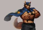  2021 absurd_res anthro barazoku beard belt big_muscles bottomwear brown_body brown_eyes brown_fur brown_hair brown_nose canid canine canis clothing crossed_arms domestic_dog facial_hair fur german_shepherd hair herding_dog hi_res huge_muscles jacket looking_at_viewer male mammal muscular muscular_anthro muscular_male necktie pants pastoral_dog police police_hat pose simple_background solo standing suspenders topwear traver009 veiny_muscles 