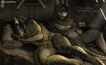  anthro argonian balls bed bedroom bethesda_softworks bgn cloak clothing duo felid fur furniture genitals green_body grey_body grey_fur hi_res horn humanoid_genitalia humanoid_penis khajiit m&#039;aiq_the_liar male male/male mammal muscular nipples non-mammal_balls pecs penis scalie skyrim sleeping smile text the_elder_scrolls video_games white_body white_fur yellow_eyes 