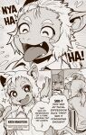  anthro aoniya_yuudai clothed clothing comic dark_ishihara domestic_cat english_text eyes_closed felid feline felis hair hair_tied haplorhine hi_res kaen_nakayoshi laugh laughing_at male mammal monkey open_mouth ponytail primate smile sound_effects teeth text translated 