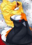  absurd_res anthro blonde_hair canid canine cassielink clothing dress female fox hair hi_res mammal remembrance solo 