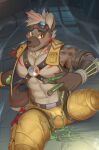  abs another_eidos_of_dragon_vein_r anthro blush bulge chemical dynamite explosives eyewear goggles hi_res hyaenid male mammal mumu202 muscular muscular_anthro muscular_male nitro_(anothereidos_r) pecs solo yellow_eyes 