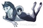  anthro canid canine canis cel_shading curled_tail digital_drawing_(artwork) digital_media_(artwork) domestic_dog female feralcatalyst hi_res husky lying mammal monodog nordic_sled_dog on_front pawpads shaded solo spitz wolf 