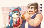  2021 anthro bandai_namco belly black_nose blue_body burger canid canine clothing crustonpie digimon digimon_(species) duo eyewear food gaomon glasses hi_res human humanoid_hands male mammal overweight overweight_male shirt topwear white_body 