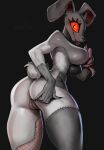  2021 anthro big_breasts black_eyelashes black_nose breasts butt eyelashes female five_nights_at_freddy&#039;s genitals grey_pussy hand_on_breast hi_res johnfoxart lagomorph leporid mammal patreon pussy rabbit scut_tail short_tail signature solo stitch_(sewing) tongue tongue_out vanny_(fnaf) video_games 