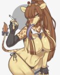  accessory anthro armwear azi_4081 big_breasts bodily_fluids bow_tie breasts brown_hair cigarette clothing convenient_censorship elbow_gloves female fingerless_gloves garter giraffe giraffid gloves grey_eyes hair hair_covering_breasts hair_over_eye handwear hi_res long_hair long_tongue looking_at_viewer mammal navel necktie one_eye_obstructed panties ponytail saliva side-tie_panties simple_background solo spots tail_tuft tongue tuft underwear white_background yellow_body 