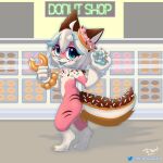  1:1 2021 ambiguous_gender anthro canid canine claws cute_fangs dessert detailed_background doughnut eyebrow_through_hair eyebrows food fur gloves_(marking) hair hi_res kemono leg_markings looking_at_viewer mammal markings misterdonut multicolored_body multicolored_fur multicolored_hair pawpads pink_body pink_fur side_view socks_(marking) solo sprinkles standing teal_eyes teal_hair teal_nose teal_pawpads teal_tongue translucent translucent_hair white_body white_fur white_hair 