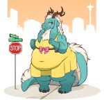  anthro antlers belly blue_body blue_fur blush clothed clothing dragon female floppy_ears fur furred_dragon hair hi_res horn long_tail overweight overweight_anthro overweight_female pink_eyes solo stop_sign white_hair yellowhellion 
