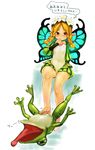  barefoot bestiality blonde_hair covered_nipples feet flat_chest footjob frog highres mercedes odin_sphere oohara_kyuutarou red_eyes see-through shoes single_shoe solo translated wings 