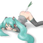  aaaa aqua_eyes aqua_hair bent_over blush bottomless detached_sleeves food green_eyes green_hair hatsune_miku headphones highres long_hair negi_suppository object_insertion simple_background solo spring_onion thighhighs top-down_bottom-up twintails vegetable very_long_hair vocaloid white_background 