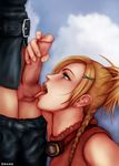  ball_sucking blonde_hair censored clothed_sex deep_grand earrings fellatio final_fantasy final_fantasy_x final_fantasy_x-2 green_eyes jewelry licking oral profile rikku sky sucking_testicles 