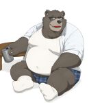  2021 anthro belly black_nose can clothed clothing container eyes_closed eyewear glasses hi_res kemono male mammal mature_male o_miso_n open_clothing open_shirt open_topwear overweight overweight_male shirt sitting solo topwear underwear ursid 