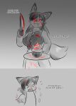  anthro blood bodily_fluids breasts clothing fake_blood female hair hi_res knife lycanroc midday_lycanroc nintendo pok&eacute;mon pok&eacute;mon_(species) pudi_schwi red_eyes solo tears tetsushi topwear vest video_games 