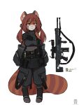  4_toes absurd_res ailurid anthro belly black_clothing bullet clothing feet female fur gun hi_res kemono looking_at_viewer mammal marksman_rifle navel orang111 pigtails ranged_weapon red_body red_eyes red_fur red_panda rifle simple_background solo techwear thick_tail toes weapon white_background 