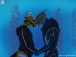  2021 4:3 alien anthro digital_media_(artwork) dragon draven_(dravendergen) duo garrus_vakarian hand_holding hi_res horn humanoid male male/male mass_effect mudwing_(wof) nightwing_(wof) prismanoodle_(artist) sad scalie seawing_(wof) simple_background touching_forehead turian video_games wings_of_fire 