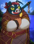  2021 anthro blue_eyes clothed clothing cloud detailed_background hi_res kemono male mammal outside overweight overweight_male solo suid suina sus_(pig) tiri_mama water weapon wild_boar 