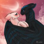  1:1 absurd_res avastra black_body blue_eyes blush claws cloud cloudy digital_media_(artwork) dragon dreamworks duo embrace eye_contact female feral hi_res how_to_train_your_dragon hug light light_fury looking_at_another male male/female membrane_(anatomy) membranous_wings moon moonlight night night_fury nubless pink_background romantic scalie simple_background sky smile star toothless western_dragon white_body wings 