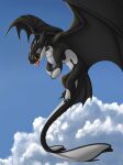  absurd_res aky black_body blue_sky brown_eyes claws cloud detailed_background dragon dreamworks feral flying happy hi_res how_to_train_your_dragon looking_at_viewer male membrane_(anatomy) membranous_wings night_fury open_mouth outside reptile scales scalie sky solo tongue tongue_out wester western_dragon white_body wings 