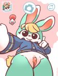  animal_crossing anthro balloon big_ears big_eyes blonde_hair bottomless camera_view clitoris clothed clothing cloud cloudscape cute_expression fur genitals gift gift_box green_body green_fur hair inflatable lagomorph leporid male male_(lore) mammal nintendo polyalloys pussy rabbit sasha_(animal_crossing) selfie sky smile solo t-dick topwear transmasc video_games white_body white_fur 
