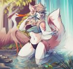  2018 amber_eyes ambiguous_gender anthro avian bikini blonde_hair canid canine canis clothing day domestic_dog duo feathers female feral fluffy fluffy_tail fur hair kneeling long_hair mammal mirtilo navel one_eye_closed ophelia_(soaskep) outside pink_body pink_fur plant swimwear waterfall white_body white_fur 