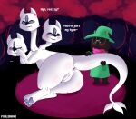  absurd_res annoyed anthro anus big_butt blush bovid butt caprine claws clover_(deltarune) deltarune dialogue duo english_text female feral flirting genitals goat hi_res hydra_problems male male/female mammal monster multi_head pawpads paws porldraws presenting pussy ralsei shy tail_grab text undertale_(series) video_games 