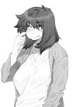  anthro aruurara baggy_clothing blush breasts clothing deltarune eyelashes female freckles hi_res jacket looking_away monochrome reptile scalie sharp_teeth shoulder-length_hair solo susie_(deltarune) teeth topwear undertale_(series) video_games 