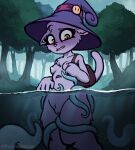  anthro backpack blush breasts clothing detailed_background eyelashes felid feline female fur genitals grey_body hat headgear headwear hi_res imminent_sex mammal navel nude plant pubes purplealacran pussy signature small_breasts solo tentacles tree underwater water witch_hat yellow_eyes 