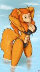  4k 9:16 absurd_res anthro big_breasts bikini breasts canid canine canis clothing female fur harkrun hi_res looking_at_viewer mammal sea smile solo stretching swimwear water wet wet_body wet_fur wolf 