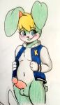  alonsocas15 animal_crossing anthro balls blonde_hair blush bodily_fluids bottomless clothed clothing dripping erection genital_fluids genitals girly hair humanoid_genitalia humanoid_penis lagomorph leporid male mammal nintendo partially_clothed penis precum precum_drip presenting rabbit sasha_(animal_crossing) simple_background smile solo sweater topwear traditional_media_(artwork) video_games 