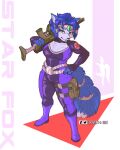  2021 4:5 accessory anthro belt blue_body blue_fur blue_hair boots breasts canid canine clothing dipstick_tail english_text female fingers footwear fox fur furgonomics gerovort green_eyes hair hair_accessory hi_res krystal mammal markings nintendo ranged_weapon signature solo star_fox tail_accessory tail_markings tailband text tuft video_games weapon white_body white_fur 