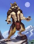  animal_genitalia anthro balls bottomwear canid canine chest_tuft claws clothing full_moon fur genitals loincloth looking_at_viewer male mammal moon mountain multicolored_body multicolored_fur muscular muscular_anthro muscular_male outside sheath solo spread_arms standing tuft zephyxus 
